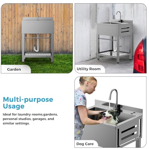 Image of Stainless Steel Utility Sink Freestanding Single Bowl Garage Sink 33 Inch