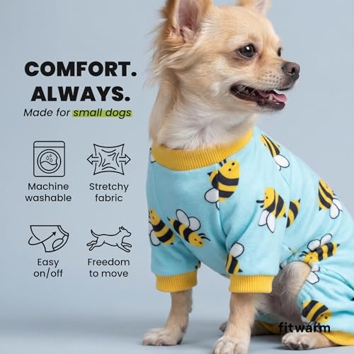 Image of Fitwarm Funny Bee Fleece Dog Pajamas, Warm Winter Dog Clothes for Small Dogs Boy Girl, Cozy Pet Onesie with Feet, Light Blue, Medium