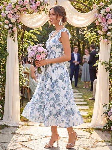 Image of GRACE KARIN Women's Summer Floral Maxi Dress 2026 Ruffle Sleeve Smocked Sundress Flowy Wedding Guest Long Dresses with Pocket