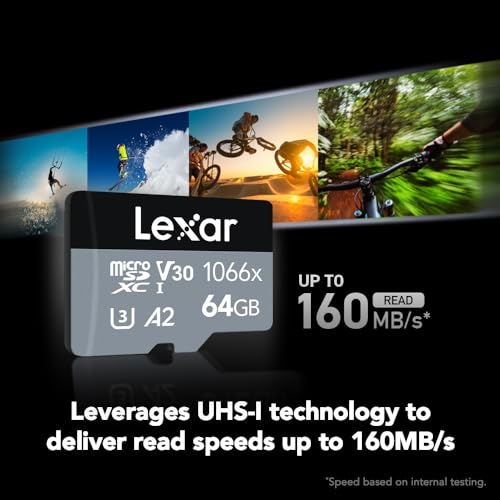 Cartão Lexar Professional 1066 x 64 GB microSDXC UHS-I com adaptador SD série Silver, até 160 MB/s d