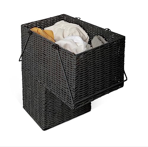 Vencier Natural Woven Wicker Resin Basket Made for Stairs - Storage Organiser For Laundry, Slippers, Shoes, Blankets, Toys – Easy to Carry (Black)