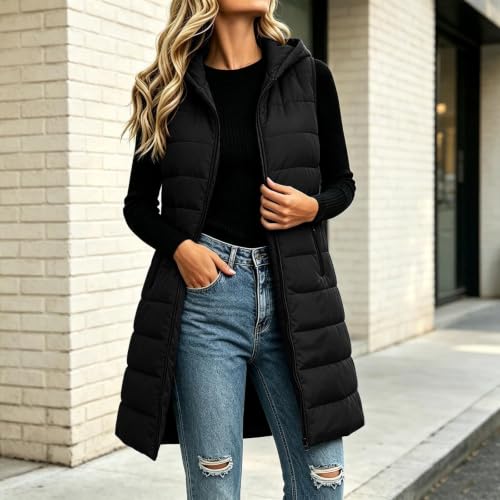 Gumipy Long Puffer Vest Women Hooded Quilted Vest Sleeveless Puffer Jacket - image 3