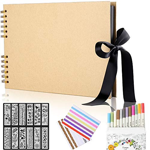 COAWG Scrapbook Album de Fotos(80 Páginas Negra) con 12 Rotuladores Metalicos DIY Autoadhesivo Pegar y Escribir Libros de Memoria para Regalos de Boda Aniversario Cumpleanos Recuerdos Familiares Bebé