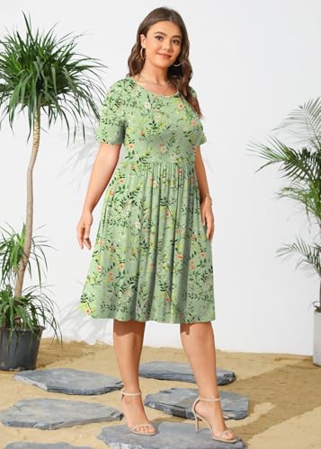 Image of POSESHE Womens Plus Size Summer Dress 2026 Casual Short Sleeve Empire Waist Loose Fit Swing T-Shirt Dress with Pockets