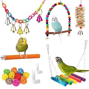 BYZESTY Vogelspeelgoed, set van 17 houten vogels, speelgoed met landingsplaats, vogelkooi, accessoires voor parkieten…