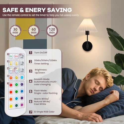 Image of EIDISUNY Battery Operated Wall Sconces Set of 2, Wireless Wall Sconce with Remote Dimmable RGB, Rechargeable Wall Lights for Bedroom Living Room Kitchen Hallway Wall Decor (Black)