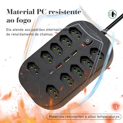 Extensão Tomada, Régua Tomada, Régua de Energia, 10 Tomadas, 3 Interfaces USB, 1 Porta USB Tipo-C, C