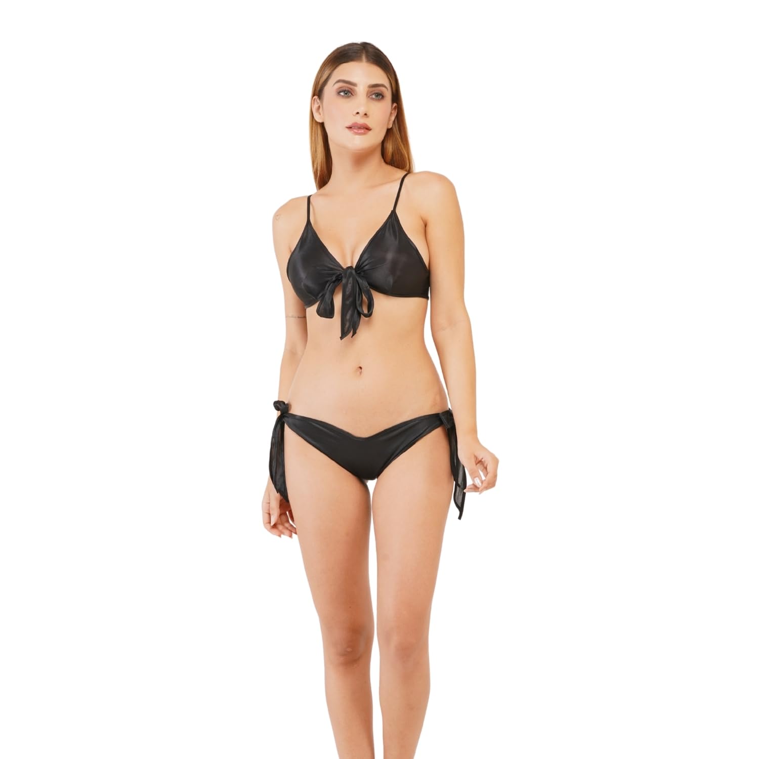 Women's Satin Bikini Set – Black Tie-Up Bralette & Side-Tie Bottoms | Sexy Two-Piece Swimwear & Lingerie for Women (Free Size - S to L)-image-16