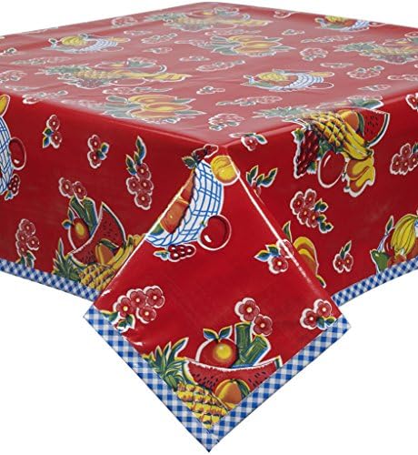 Freckled Sage Oilcloth Tablecloth Fruit Basket Red with Blue Gingham Trim You Pick The Size