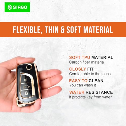 Image of SIAGO SIA343 TPU Key Cover and Metal Keychain Compatible for Toyota Corolla | Altis | Innova Crysta 3 Button Car Smart Key (Black Pack of 1)