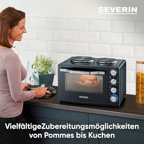 SEVERIN Back- und Toastofen mit Kochplatten, Ofen mit 30 L Garrauminhalt, mit Kochplatten zum Kochen, Grillen und Backen, Gesamtleistung 2500 W, schwarz, TO 2074 3
