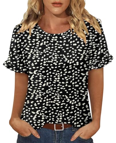 CRAZY GRID Women's Shirts Summer Casual Crewneck Ruffle Short Sleeve Blouses Cute Floral Print Tunic Tops
