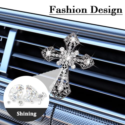 Image of Bling Cross Car Air Vent Clip, Crystal Rhinestone Sparkling Vehicle Air Conditioner Outlet Clamp Charm, Dazzling Diamond Automotive Vent Decoration Clip, Universal Fit (Black)
