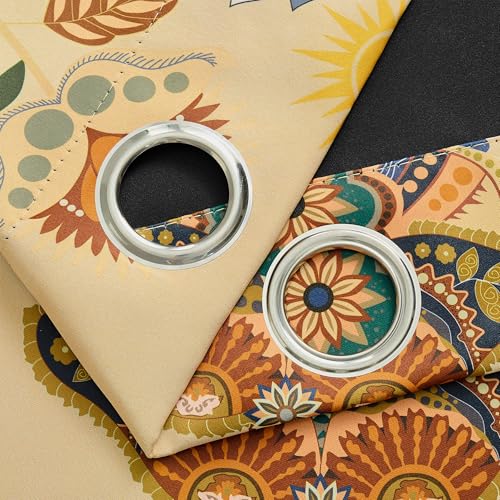 Image of XiDi Boho Blackout Curtains 54 Inch Long 2 Panels for Cafe Kitchen Grommet | Room Darkening Floral Farmhouse Modern Luxury Patterned Paisley Curtain Drapes for Living Room Bedroom Window Warm Beige