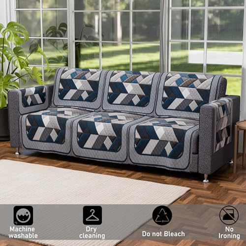 Image of Kuber Industries Set of 16 Velvet Anti-Skid Sofa Cover 5-Seater with Arm Cover | Comfortable Slipcover Sofa Cloth & Furniture Protector for Home Decor | Triangular-Grey & Blue