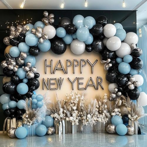 Image of Blue Black Balloon Garland Double Stuffed Dusty Blue White Balloons Black Silver Balloon Arch for Birthday Wedding Graduation Baby Shower Anniversary Party Decorations