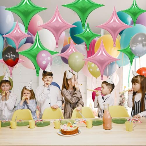 Image of Pink Green Star Balloons,12Pcs Four Angle Star Foil Balloons | 26Inch and 10Inch Pink Green Quadrangle Star Helium Balloon for Witch Birthday Baby Shower Party Decorations