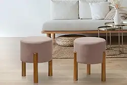 PC Móveis – Kit 2 Puff Redondo Luxo Decorativo em Linho ou Suede – Sala, Quarto e Escritório (Linho, Rosa)