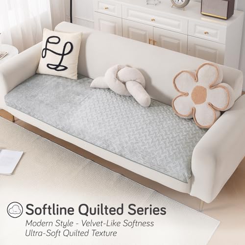 Image of HOKIPO Velvety Quilted Anti-Slip Sofa Cover Mats for L-Shape & 1 /2 / 3 Seater Sofa |DIY Sofa Cover Set, 'Softline Quilted Series' 70(W) x 220(L) cm | Ice Grey (AR-6319-LGRY)