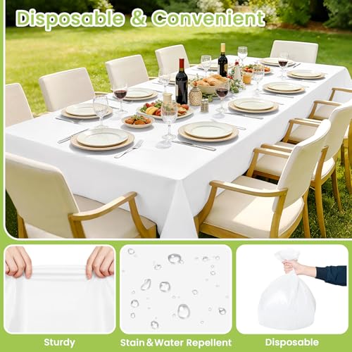 Image of Mulbozy White Plastic Table Cloth Disposable 4 Pack, 54 x 108 Inch Tablecloths Rectangle, White Plastic Table Cover for Party Decor