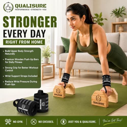 Image of Pushup Board for Men, Durable Pine Wood Calisthenics Equipment, Anti-Skid Push Up Bar for Home, Parallettes for Calisthenics, Dips Bar with Wrist Wraps