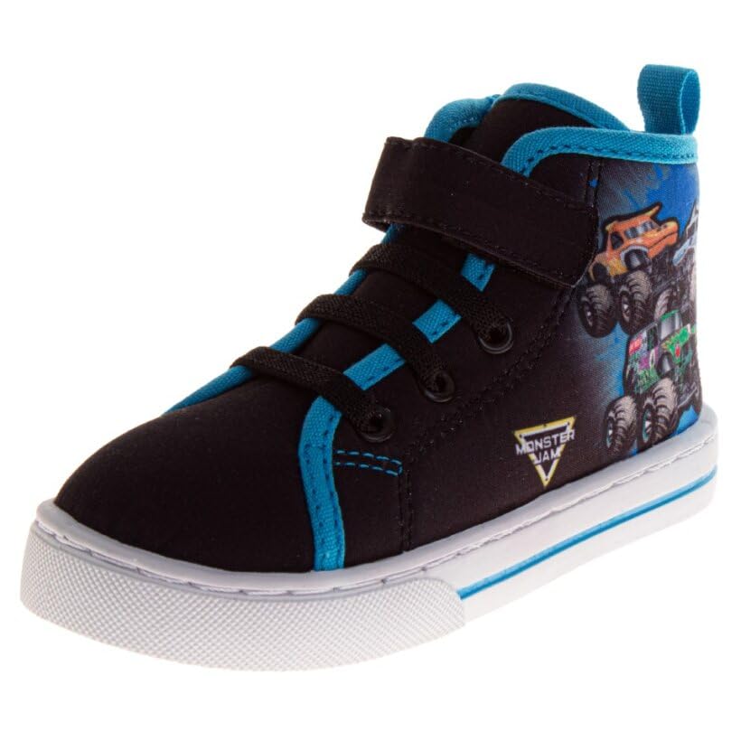 MonsterJam High Top Sneakers for Boys - El Toro Loco Megalodon Monster Truck Sneaker Ankle Strap Hi Shoes - Black Blue (Size 8 Toddler)