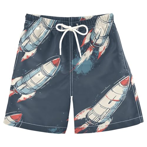 Boys Beach Board Shorts Rocket Blue Space Graffiti Swim Trunk Teen Swimwear