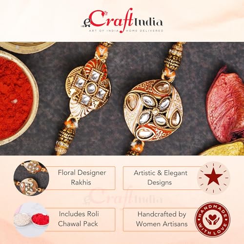 Image of eCraftIndia Multicolor Set of 2 Om Symbol and Peacock Designer Religious Rakhis with Roli Chawal Pack