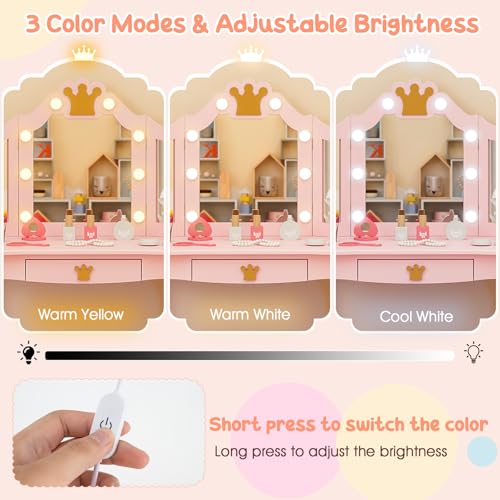Image of KOTEK Kids Vanity with Lights, Crown Girls Vanity Set w /Tri-Folding Mirror, Detachable Top, Stool & Drawer, Wooden Toddler Makeup Dressing Table, Kids Vanity Table and Chair Set (Pink)