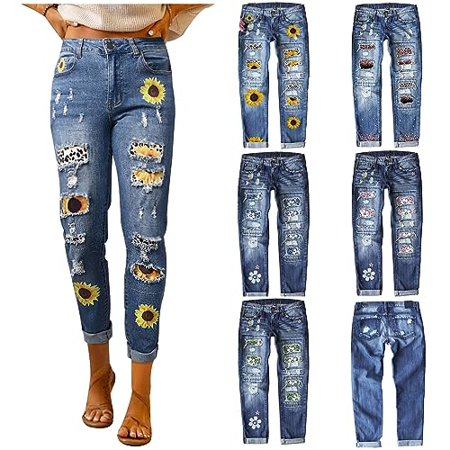 Womens Jeans Patch Ripped High-Rise Denim Pants Classic Sunflower