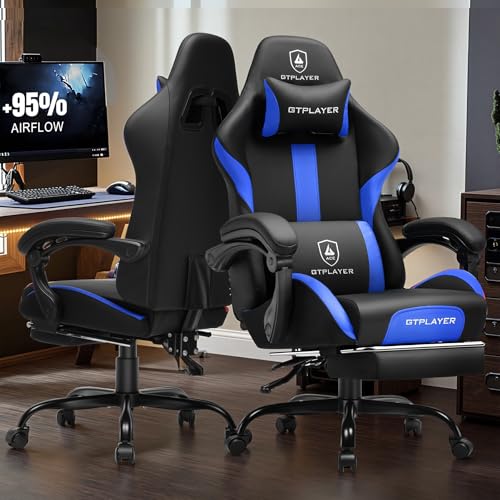 GTRACING Gaming Chair with Foot Rest & Pocket Spring Cushion, Ergonomic High Back Computer Chair with Headrest & 360°-Swivel Seat for Home Office Desk, PU Leather, Blue