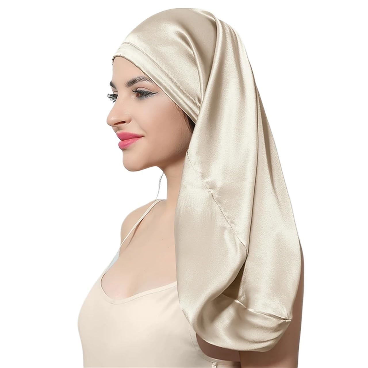 Seidenhaube FüR Frauen Schlafende Haarkappe aus Seide for langes Haar, Nachtschlafbezug aus Seide for Frauen zur Haarpflege FüR Frauen(Khaki,60CM)