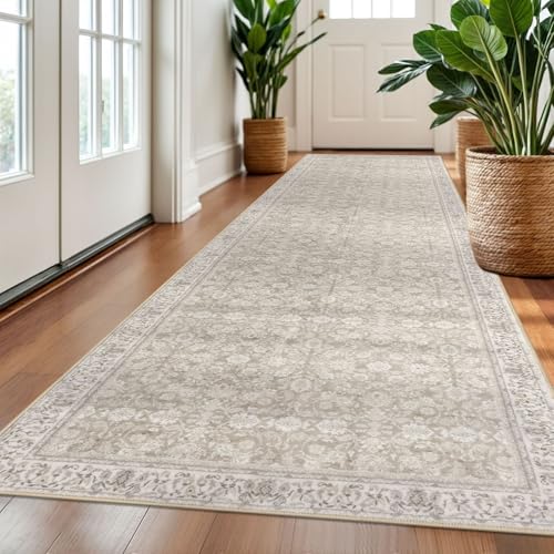 3x10 Cream Beige White Grey Washable Runner Rug for Kitchen, Soft Classic Runner with Non-Slip, Non-Shedding Distressed Floral Rug for Hallways Entryway Bedroom Laundry Indoor