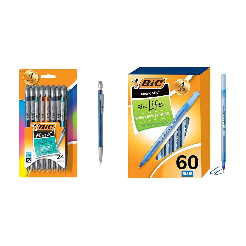 BIC Xtra-Precision 0.5mm Mechanical Pencils, 24-Count Round Stic 1.0mm Ballpoint Pens, 60-Count Bulk Pack