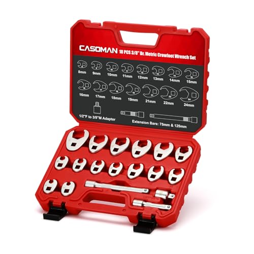 Casoman Hahnenfußschlüssel-Set 3/8-Zoll-Antrieb 8-24 mm offenes Ende metrisch CR-MO mit Adapter und Verlängerungsstangen 18-teilig