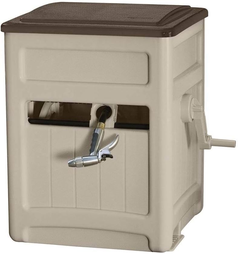 Suncast225 Foot Smart Trak Hose Hideaway Yard Storage Holder Bin, Light Taupe