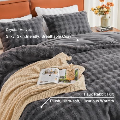 Image of EMME Fluffly Faux Rabbit Fur Bubble Comforter Set Queen, Dark Grey