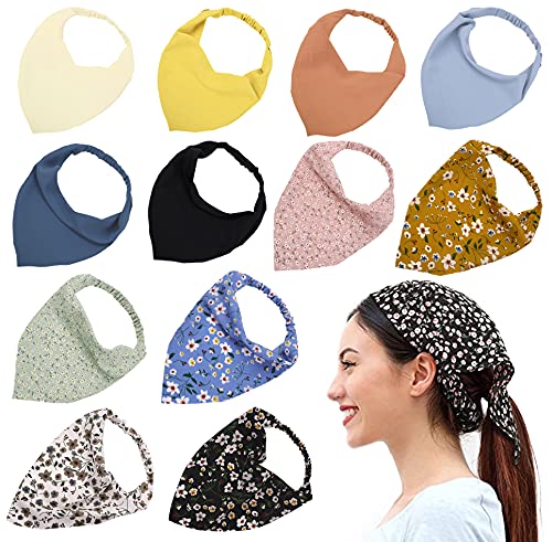 doboi 12pcs Elastic Hair Scarf Headband Floral Kerchief Hair Bandanas Chiffon Hair Wraps Triangle Hair Accessories for Women Girls