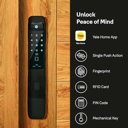 Image of Yale YMI 70 Pull Smart Digital Door Lock for Wooden Main Door Width 40mm to 100mm | Single Push Action | Biometric | PIN Code | RFID Card | Mechanical Key | 3 Year Warranty (Black)