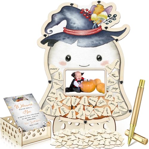 Image of Wenqik 63 Pcs Halloween Little Boo Baby Shower Guest Book Alternatives Set Baby Shower Decorations with Photo Frame Sonogram Frame Keepsake 60 Wood Slices Guest Book for Birthday