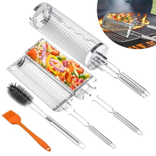 2 Stück Grillkorb Set mit Edelstahl Griff, Seitlich zu öffnendes Design Rollengrillkorb mit Reinigungsbürste, Grill Zubehör für Gemüse, Fleisch und Meeresfrüchte am Außengrill, Geschenke für Männer