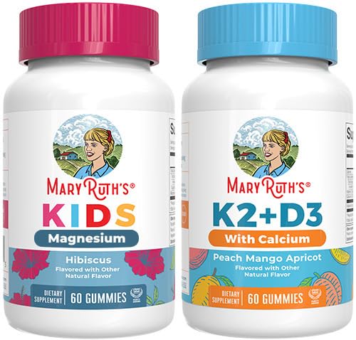 MaryRuth's Kids Magnesium Gummies (Hibiscus) & Vitamin K2+D3 Gummies (Peach Mango & Apricot) | No Gelatin! | Vitamins for Bone Support, & Overall Health | Vegan
