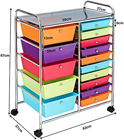 COSTWAY 15 Drawers Storage Trolley, Home Office Stationary Rolling Cart with 4 Wheels, Multipurpose Mobile Organiser Shelving Unit for Makeup Beauty Salon (Multicolour)