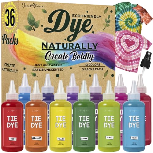 Jim&Gloria Tie Dye Kit for Kids & Adults 36 Tiedye Powder 12 Larger Bottles Fabric Dyes for Clothing Permanent with Soda Ash for Tie Dye Kits for Large Groups...