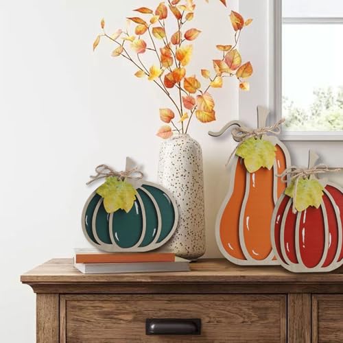 OYEFLY Fall Decor,Fall Thanksgiving Decorations for Home,3Pcs Wooden Autumn Pumpkin Fall Decorations (Orange,Green,Red) - Image 3