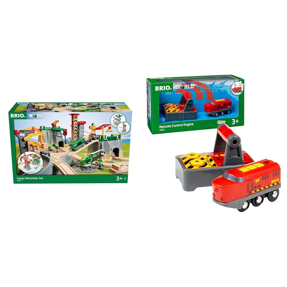 BRIO World 36010 Mountain Freight Set Deluxe - kolejowa zabawa na kilku poziomach z dużą ilością akcesoriów & BRIO Świat zdalnie sterowany zabawkowy silnik pociągowy dla dzieci w wieku od 3 lat