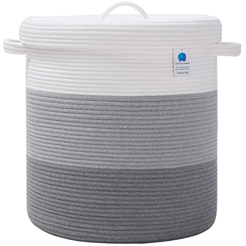 Image of 16" x 16" x 18" Extra Large Storage Basket with Lid, Cotton Rope Storage Baskets, Laundry Hamper, Cloth Bin, for Clothes Towels Storage in Living Room, Light Grey/Grey with Cover