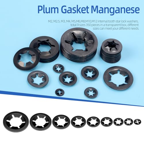 Glarks 351pcs 65Mn-Steel Internal Tooth Star Lock Washers Assortment Kit M2 M2.5 M3 M4 M5 M6 M8 M10 M12Quick Speed Locking Washers Push on Locking Washers