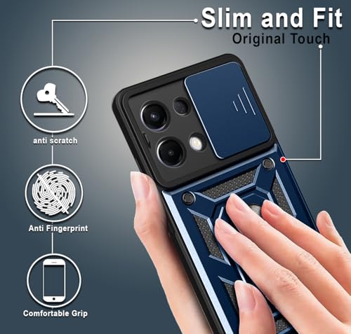 Image of Hupshy Back Cover for Oppo K13 5G | D10 Tough Armor Case | Sliding Camera Shield | 360 Protection | Kickstand Ring Holder | Military-Grade Shockproof Bumper Case (Black) (Blue)