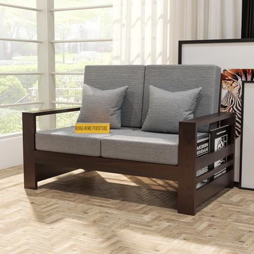 Image of Sheesham Wooden 2 Seater Sofa for Living Room | Rosewood 2 Seater Cushion Sofa with Side Rack| Solid Wood Sofa Set for Lounge (2 Seater,Walnut Finish)